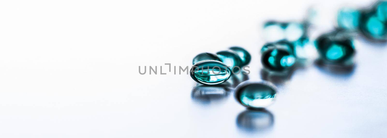 Pharmaceutical, branding and science concept - Blue pills for healthy diet nutrition, supplements pill and probiotics capsules, healthcare and medicine as pharmacy and scientific research background