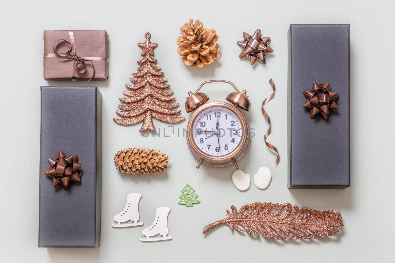 Christmas New Year flatlay with gifts and holiday decor top view. Creative modern layout by ssvimaliss