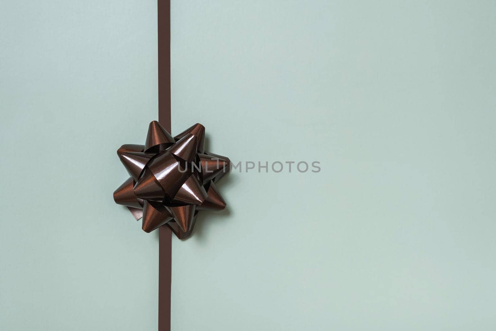 Festive brown gift bow for decorating a gift top view on a colored background.
