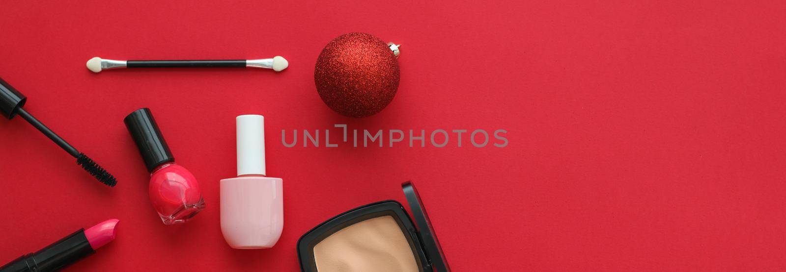 Make-up and cosmetics product set for beauty brand Christmas sale promotion, luxury red flatlay background as holiday design by Anneleven