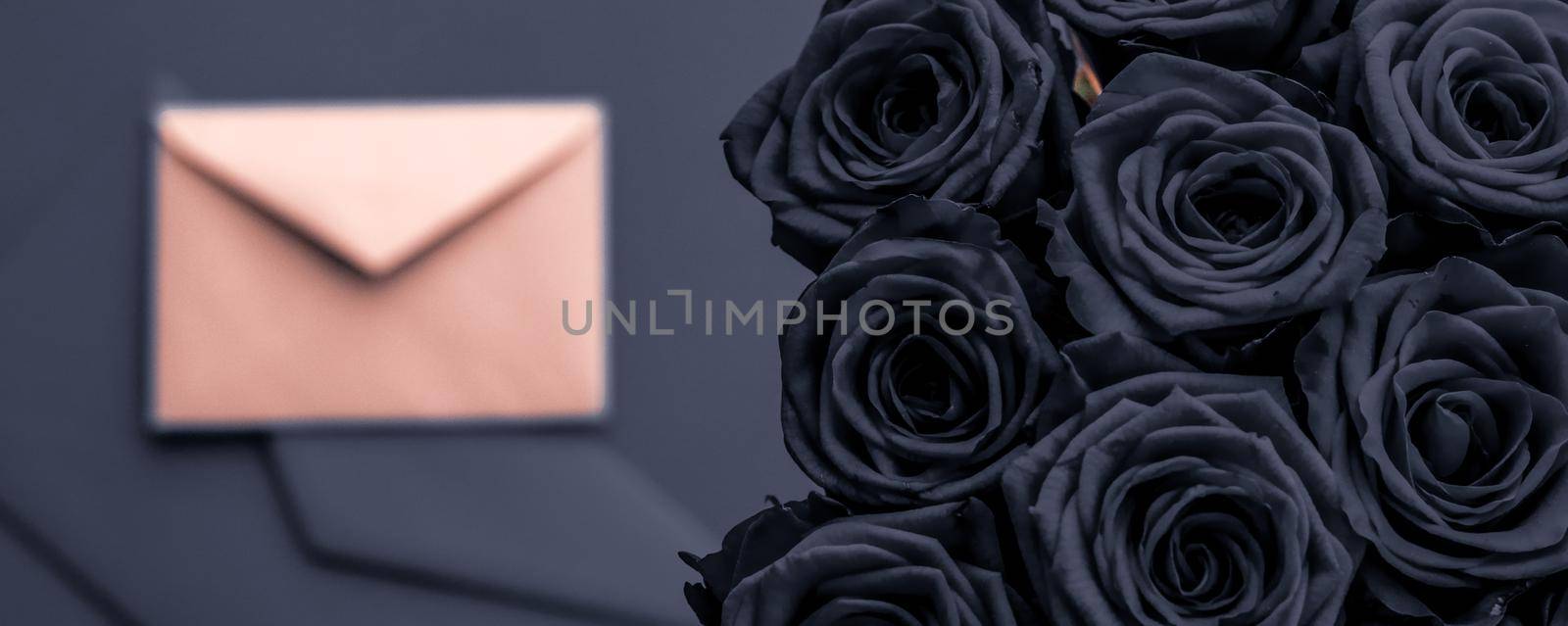 Holidays gift, floral present and happy relationship concept - Love letter and flowers delivery on Valentines Day, luxury bouquet of roses and card on charcoal background for romantic holiday design