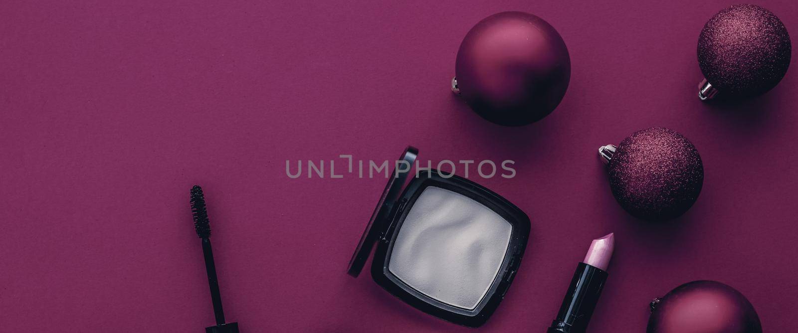 Cosmetic branding, fashion blog cover and girly glamour concept - Make-up and cosmetics product set for beauty brand Christmas sale promotion, luxury magenta flatlay background as holiday design