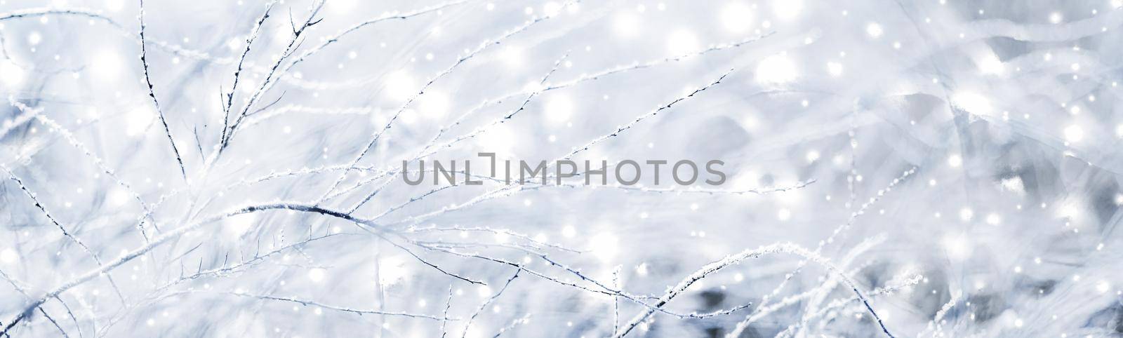 Snowing landscape, greeting card design and New Years Eve travel concept - Winter holiday background, nature scenery with shiny snow and cold weather in Christmas time