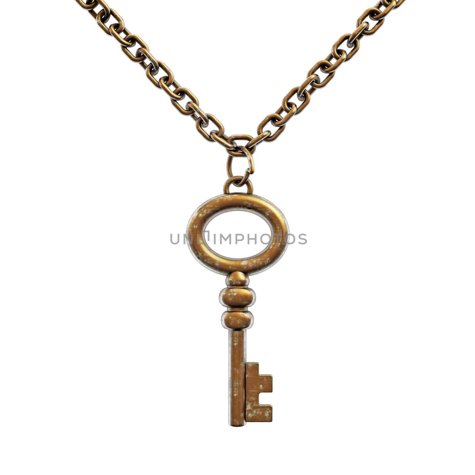 Vintage brass key isolated on white background. 3D illustration.