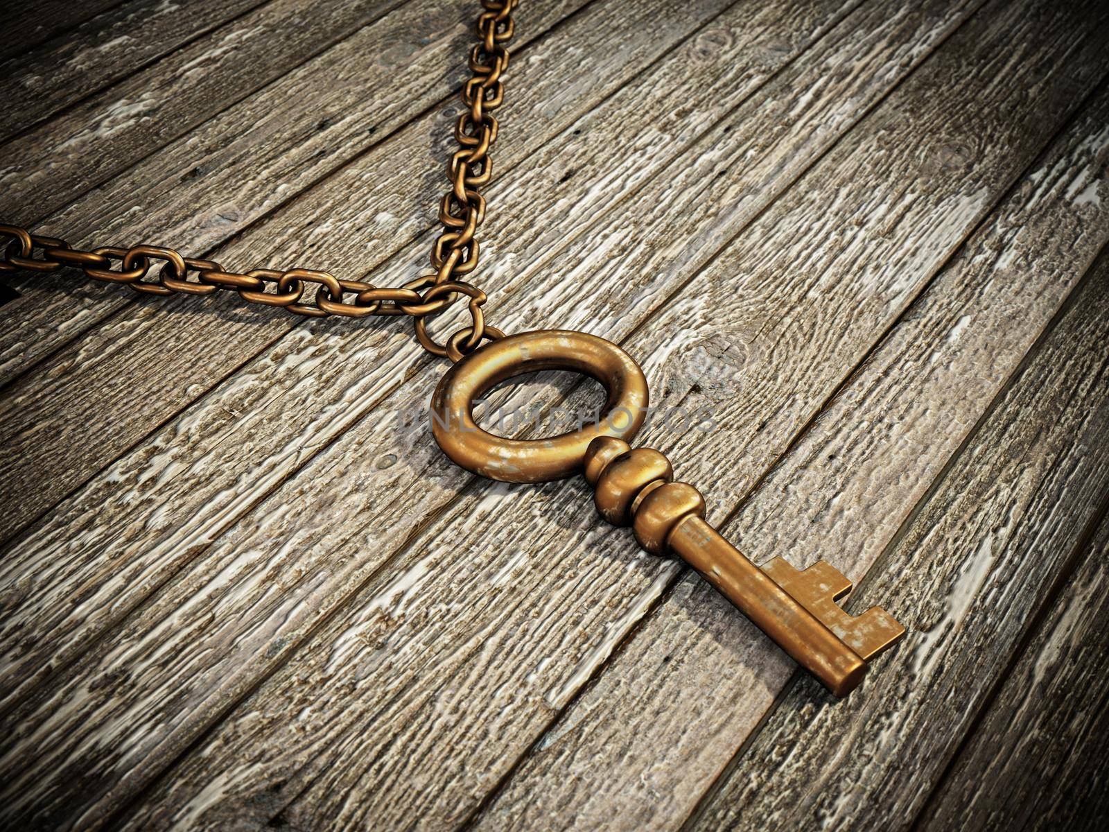 Vintage brass key standing on old wood. 3D illustration.