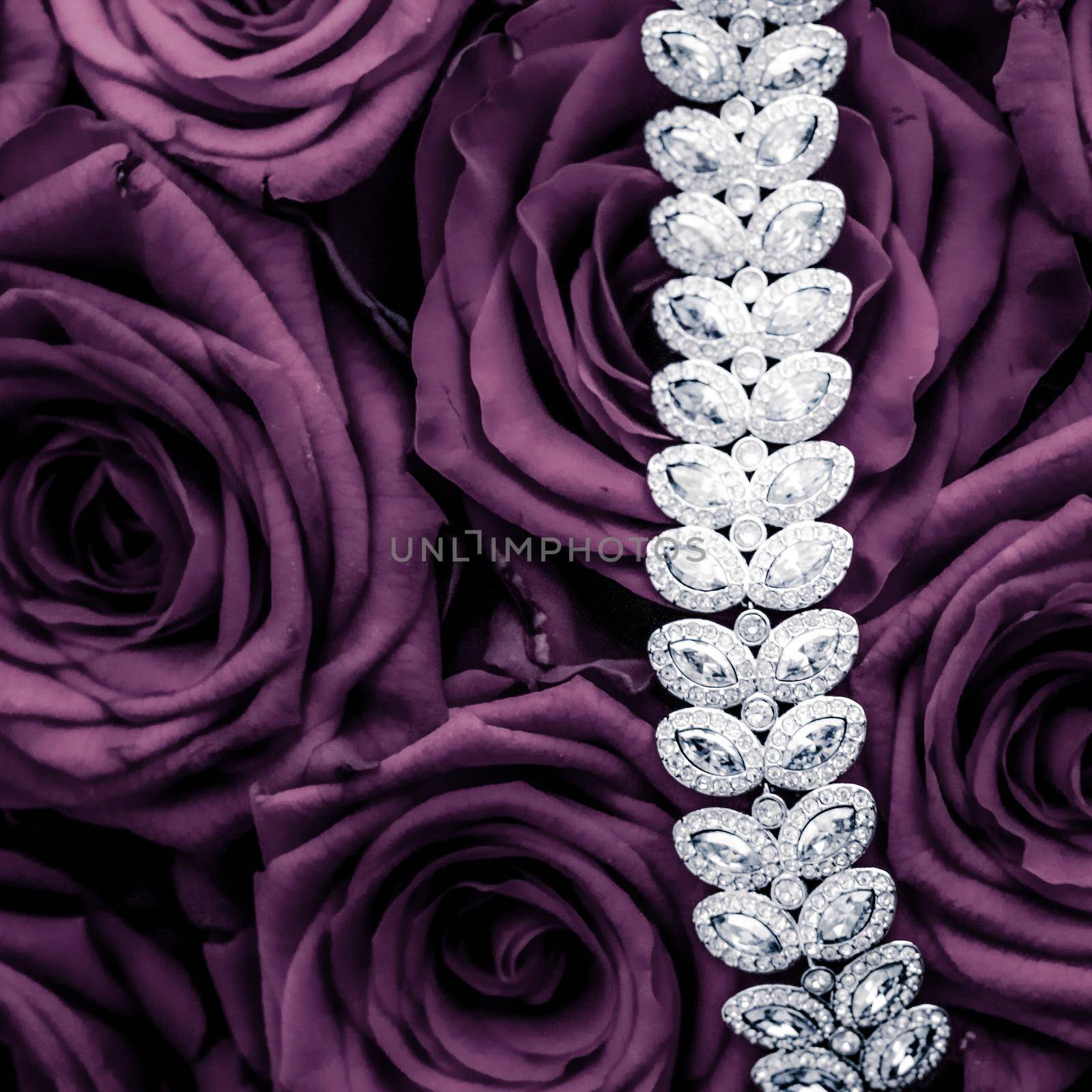 Luxury diamond jewelry bracelet and purple roses flowers, love gift on Valentines Day and jewellery brand holiday background design by Anneleven