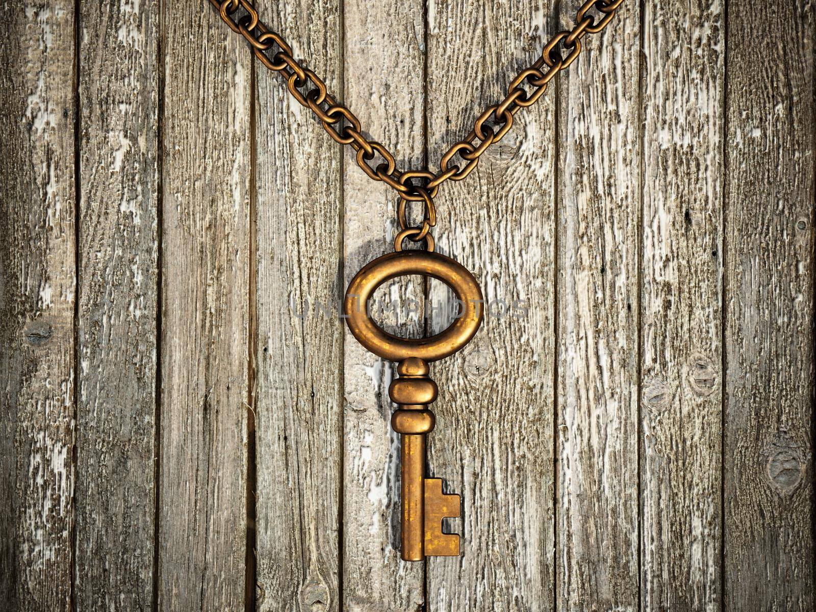 Vintage brass key standing on old wood. 3D illustration.