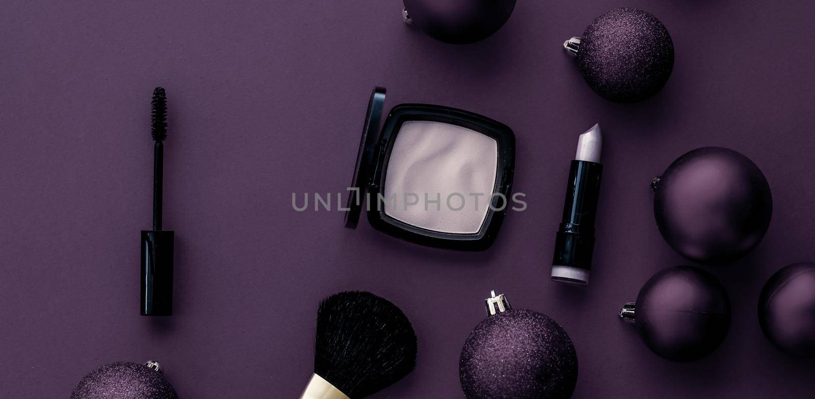 Make-up and cosmetics product set for beauty brand Christmas sale promotion, luxury plum flatlay background as holiday design by Anneleven