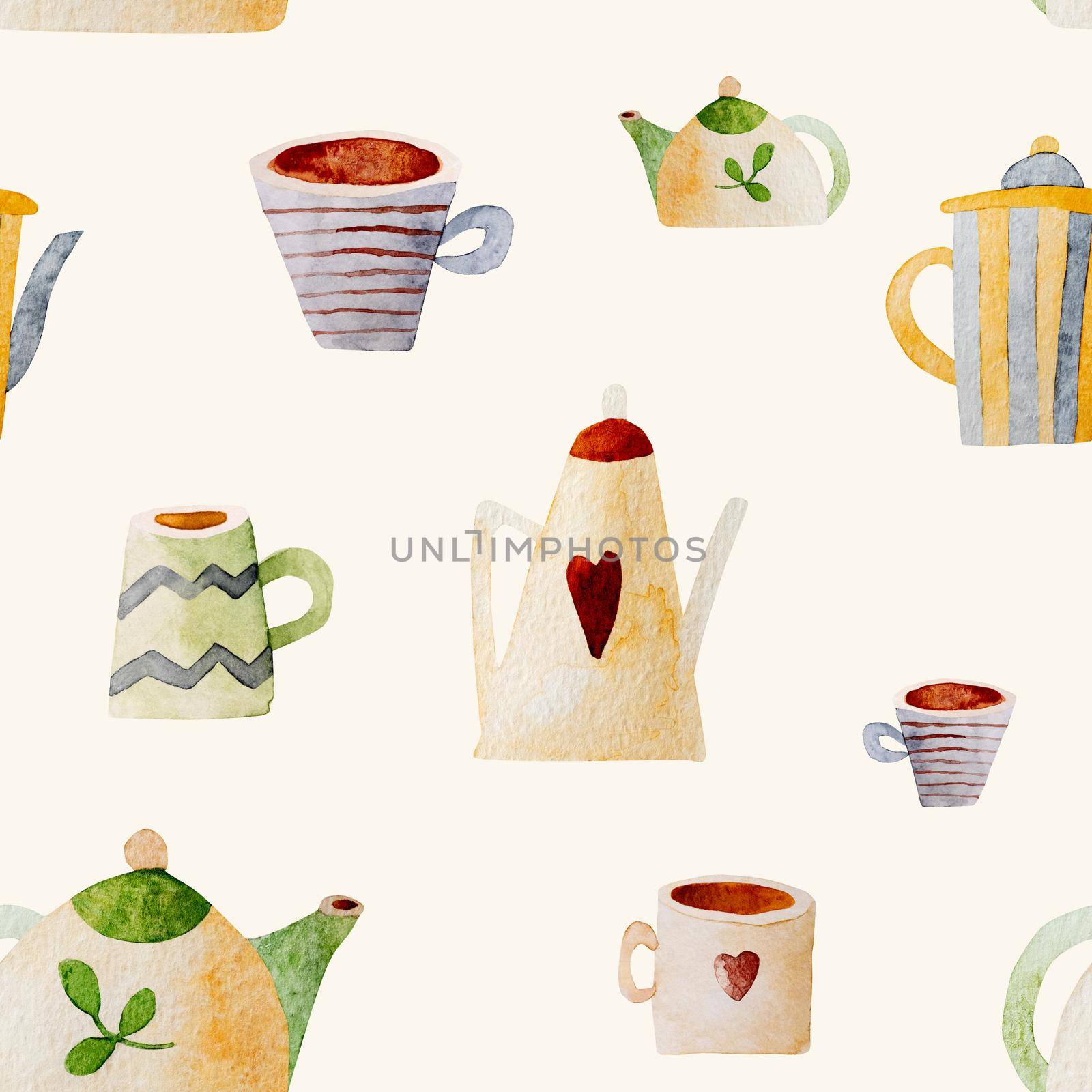 Cups and kettles watercolor paintings seamless pattern. Beautiful mugs collection as symbol of warm beverage and tea time