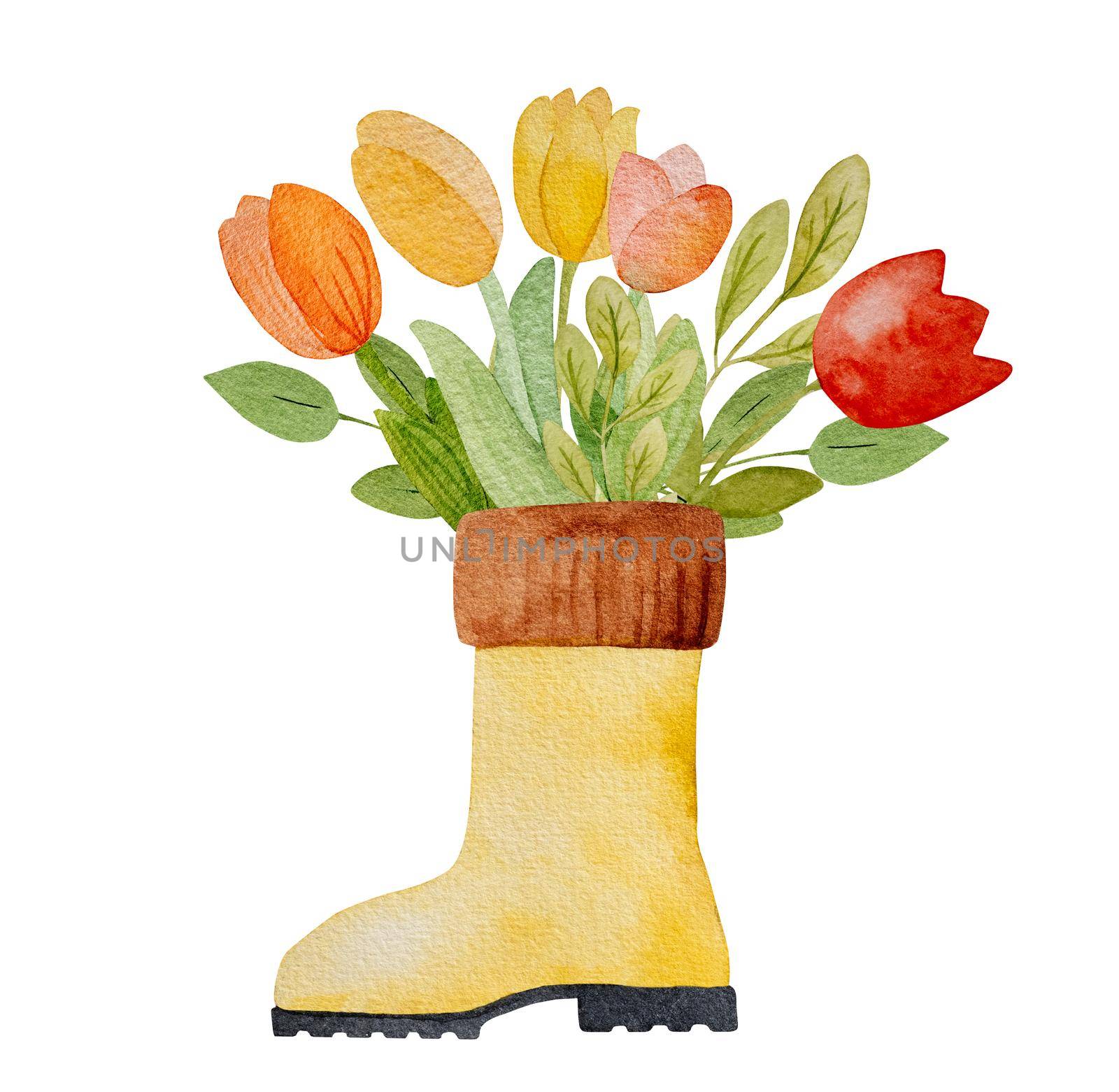 Spring tulips bouquet in yellow garden boot watercolor drawing for postcard. Beautiful summer flowers in rubber shoe aquarelle painting