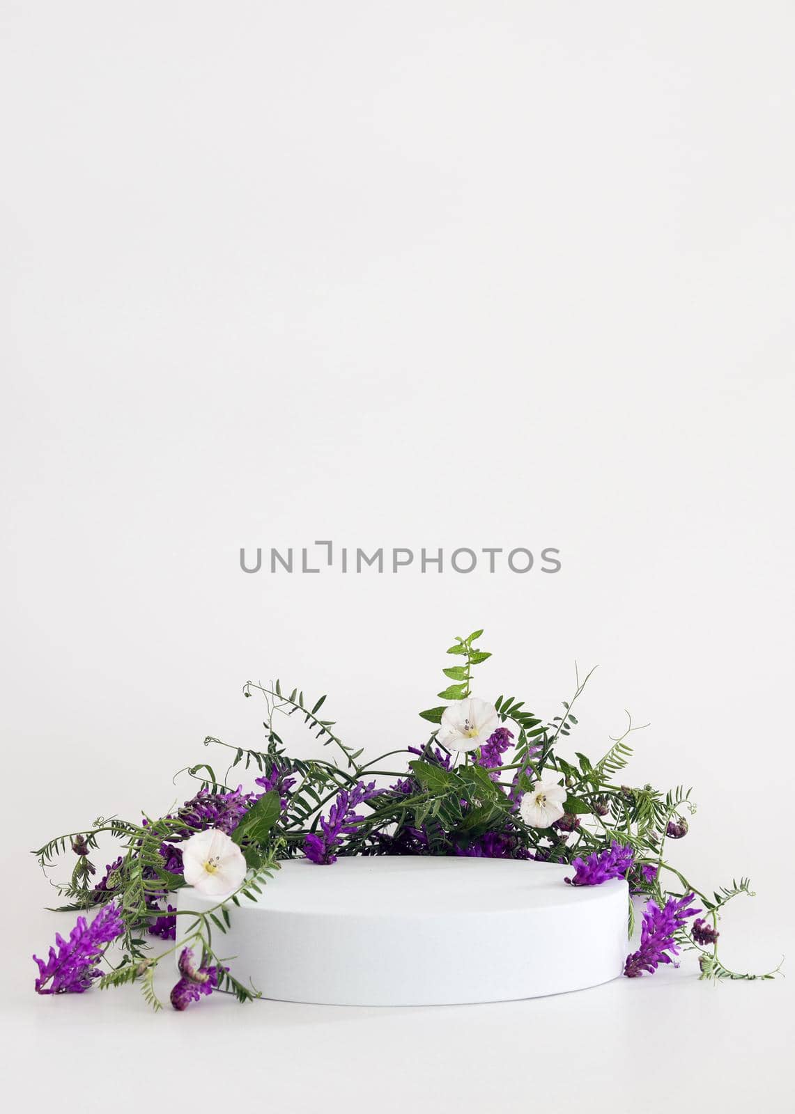 White podium on the white background with flowers. Podium for product, cosmetic presentation. Creative mock up. Pedestal or platform for beauty products. Minimalist design, vertical view.