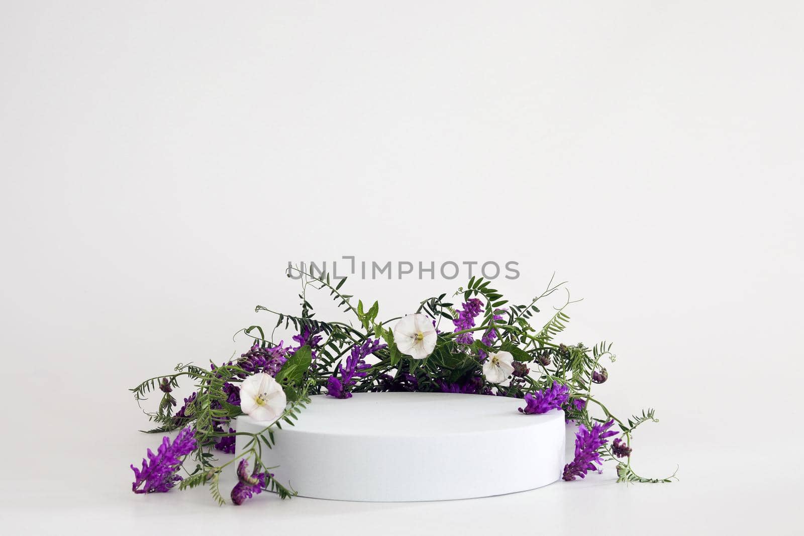 White podium on the white background with flowers. Podium for product, cosmetic presentation. Creative mock up. Pedestal or platform for beauty products. Minimalist design, horizontal view.
