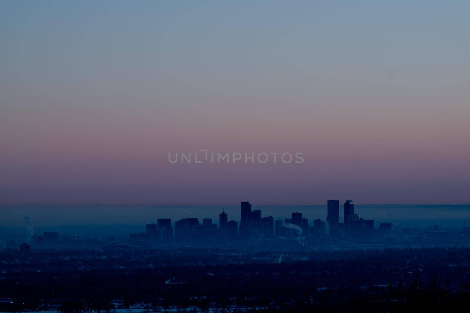 A view of downtown Denver right before sunrise.