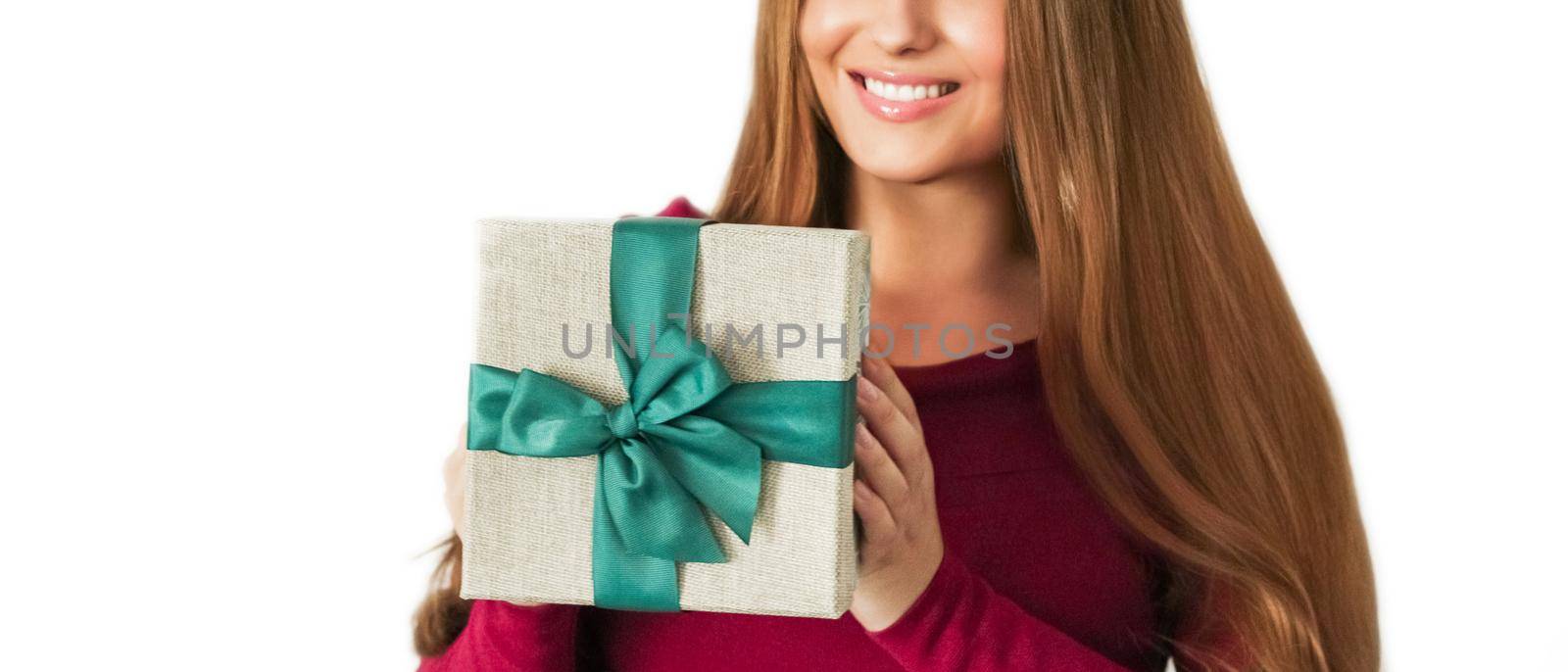 Birthday, Christmas or holiday present, happy woman holding a green gift or luxury beauty box subscription delivery isolated on white background, portrait