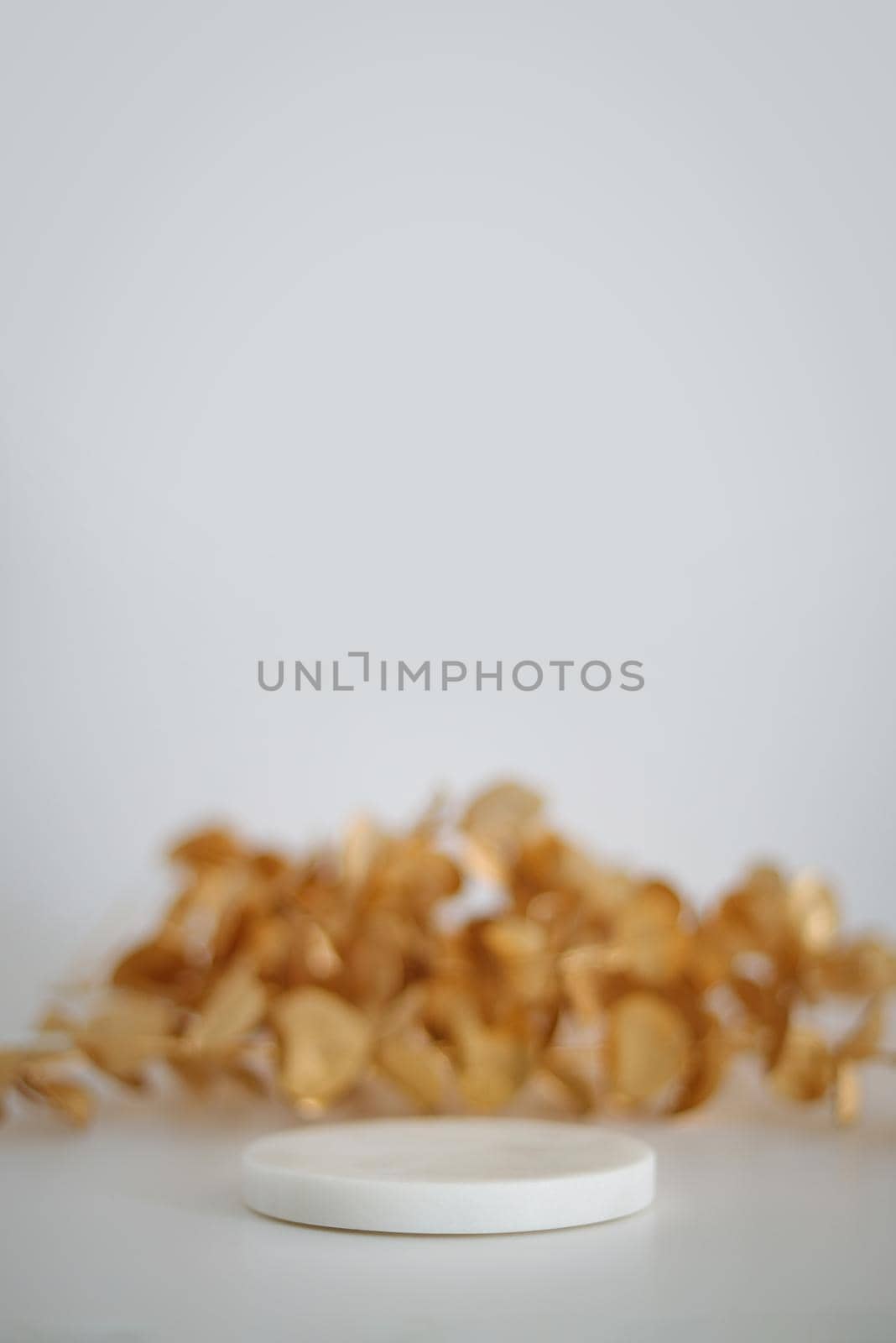 Marble podium with golden leaves on the white background. Podium for product, cosmetic presentation. Creative mock up. Pedestal or platform for beauty products. Minimalist design, vertical view.