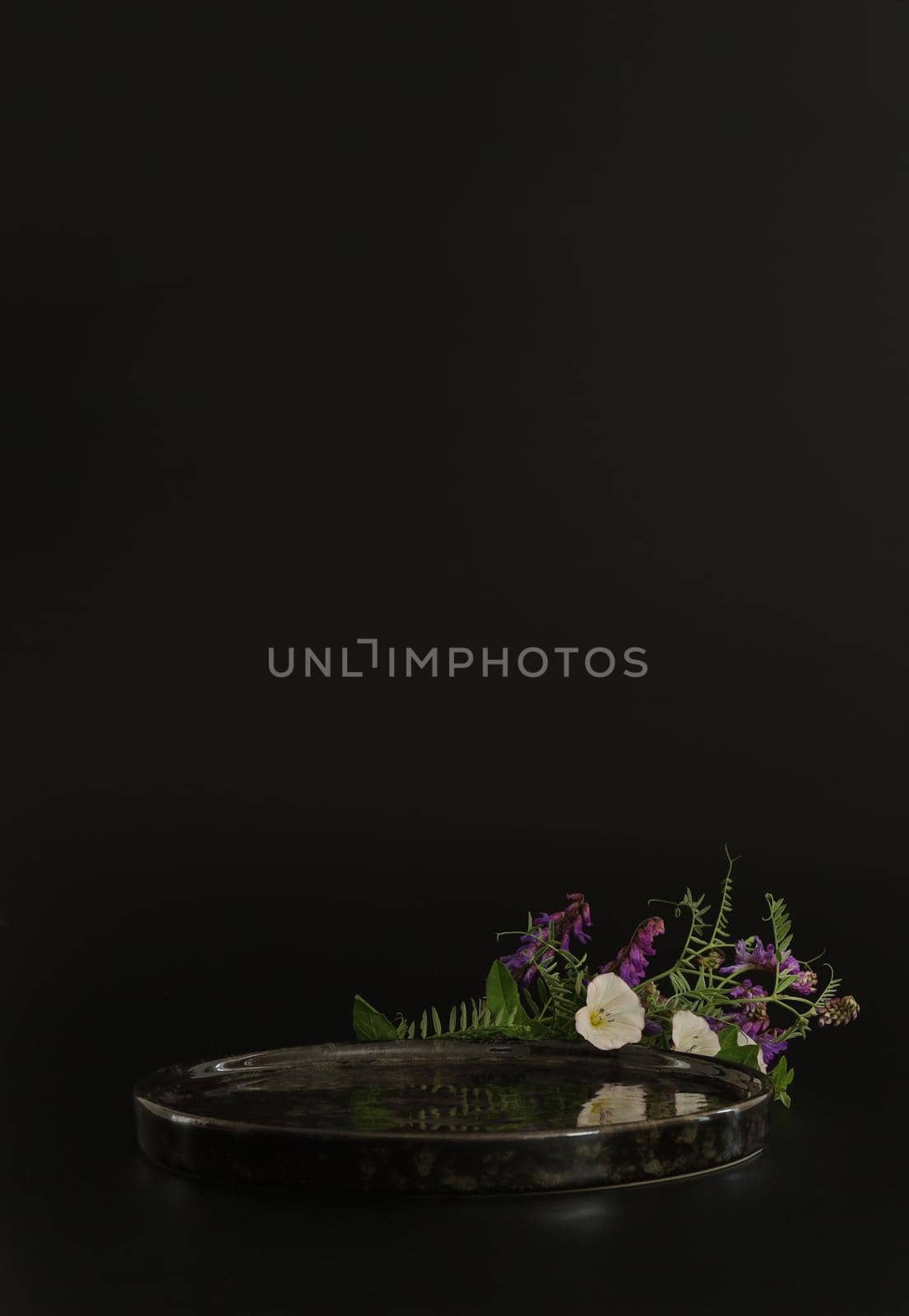 Black podium on the black background with flowers. Podium for product, cosmetic presentation. Creative mock up. Pedestal or platform for beauty products. Minimalist design, vertical view.