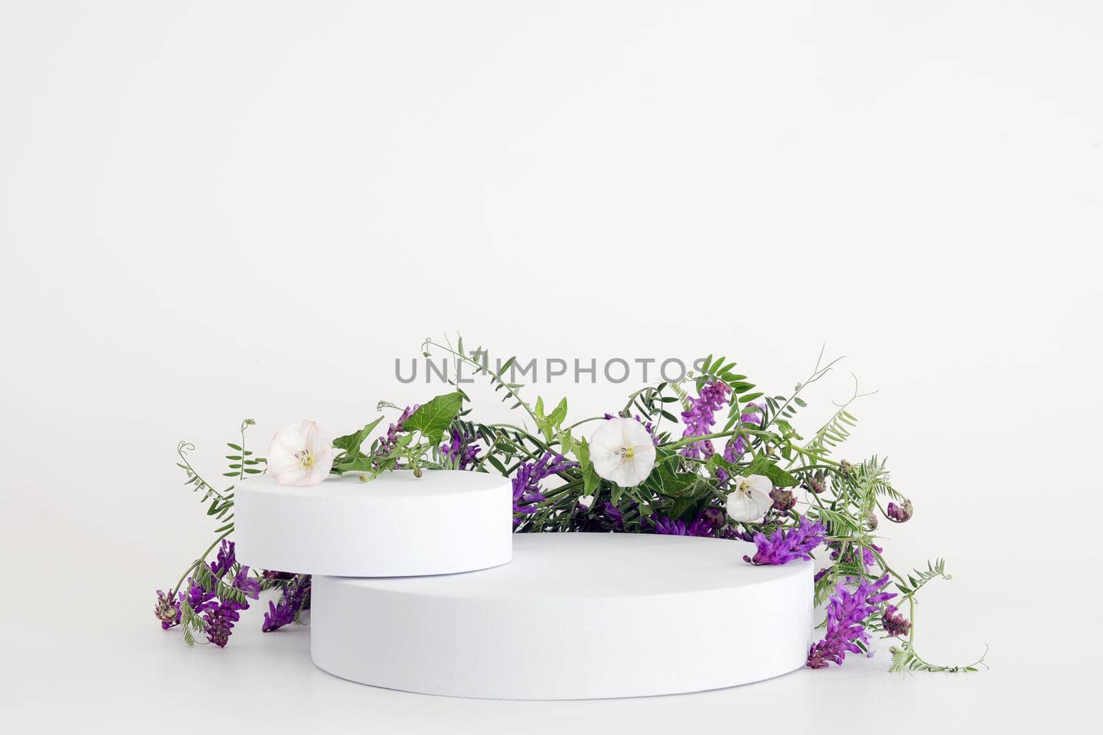 White podium on the white background with flowers. Podium for product, cosmetic presentation. Creative mock up. Pedestal or platform for beauty products. Minimalist design, horizontal view.
