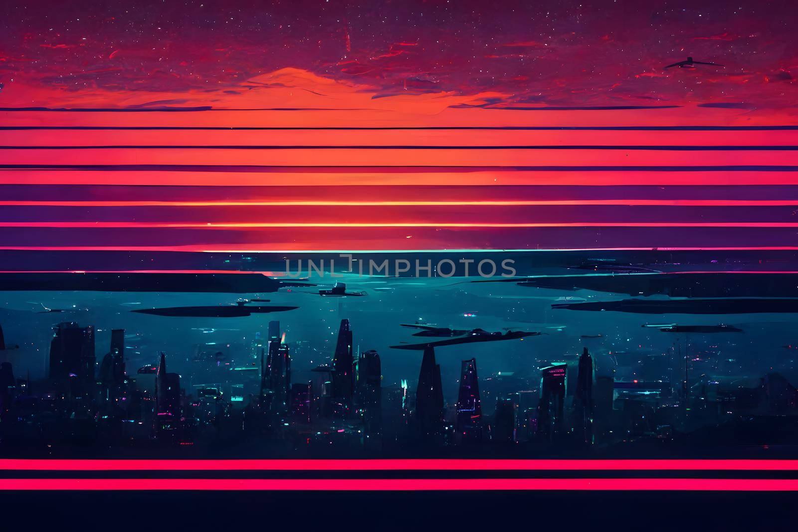 abstract synthwave neon night background, neural network generated art. Digitally generated image. Not based on any actual scene or pattern.