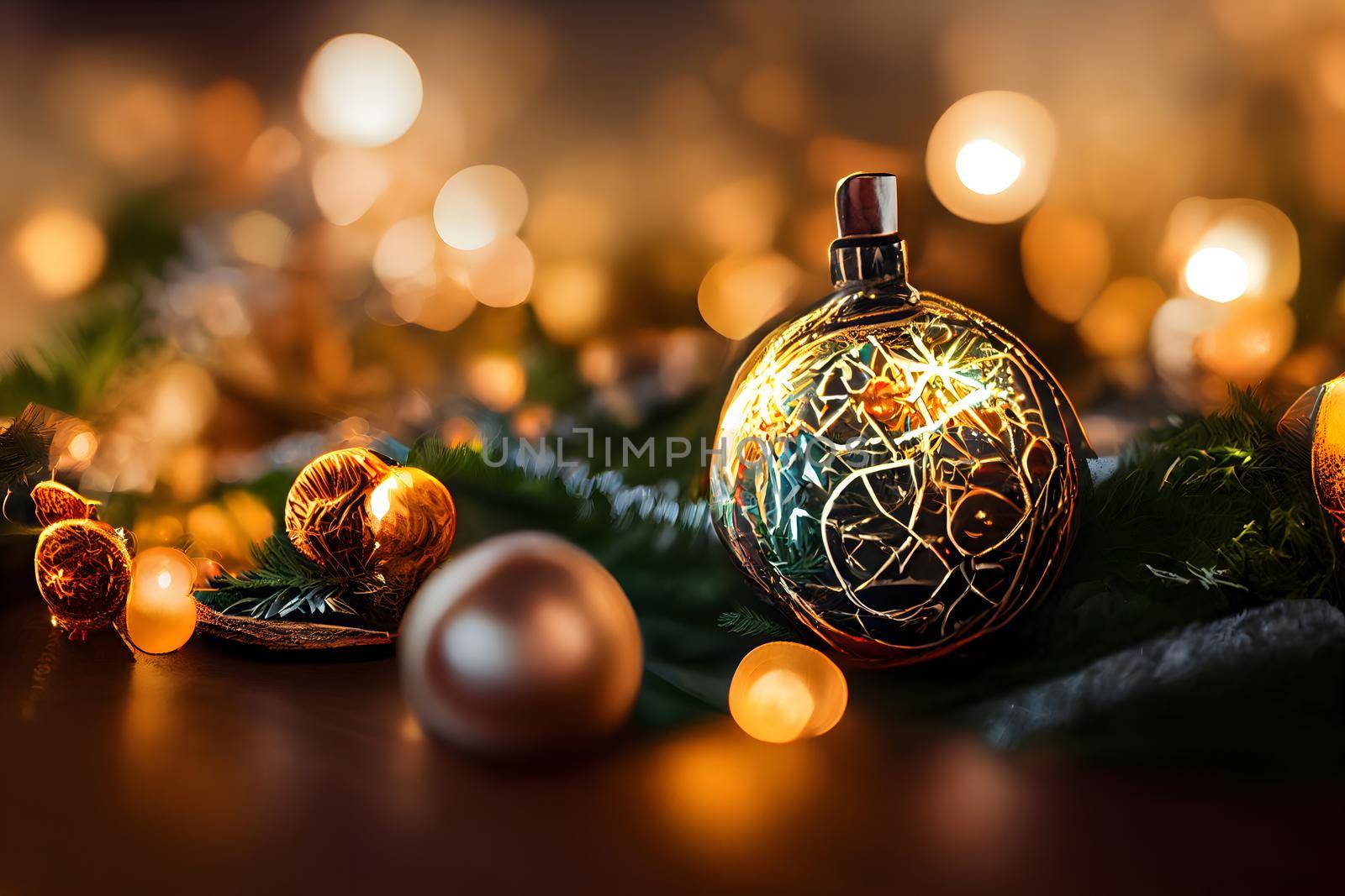 close-up christmas decorations background with selective focus and background blur, neural network generated art. Digitally generated image. Not based on any actual scene or pattern.