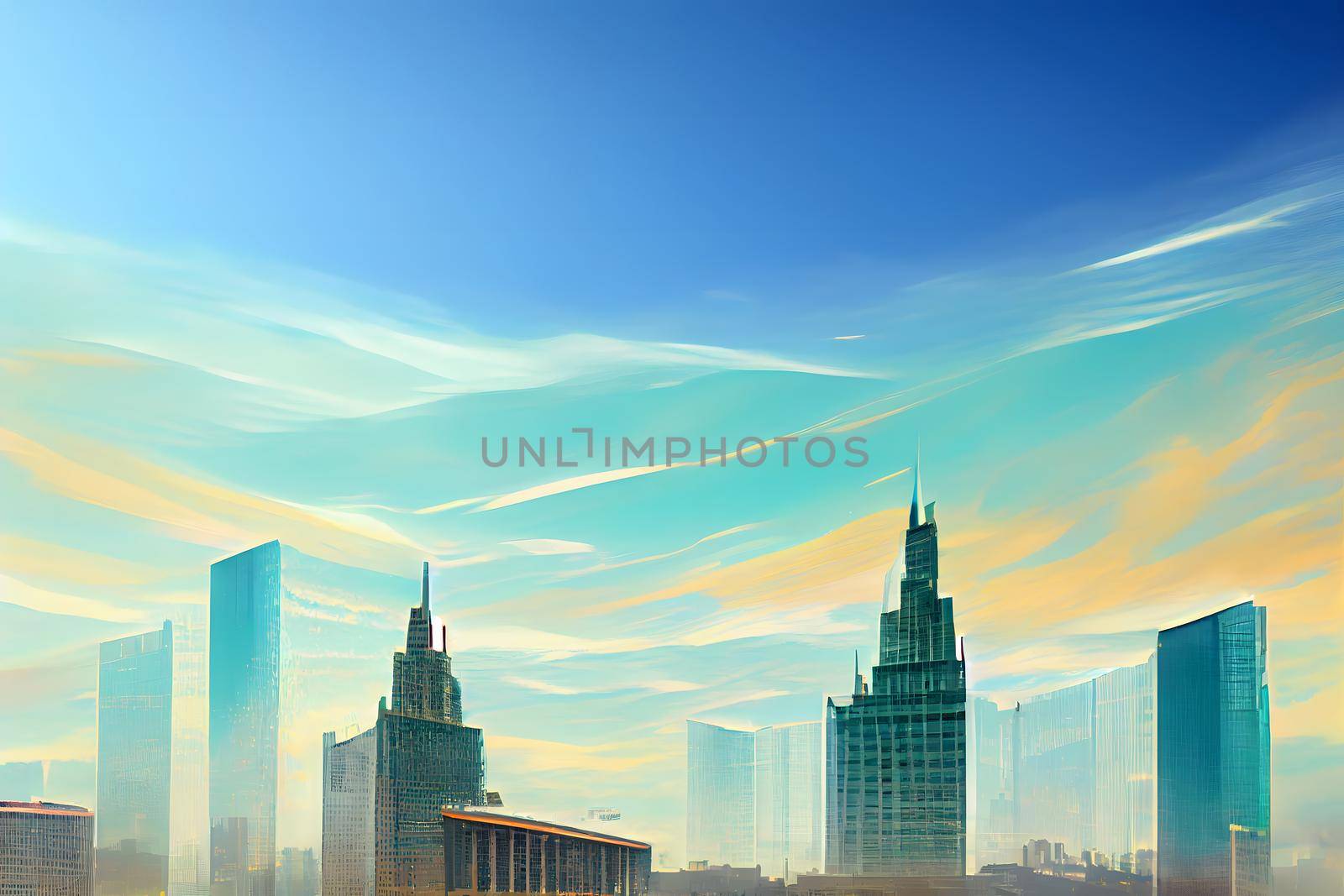 abstract contemporary western downtown cityscape at sunny morning with modern skyscrapers, neural network generated art. Digitally generated image. Not based on any actual scene or pattern.