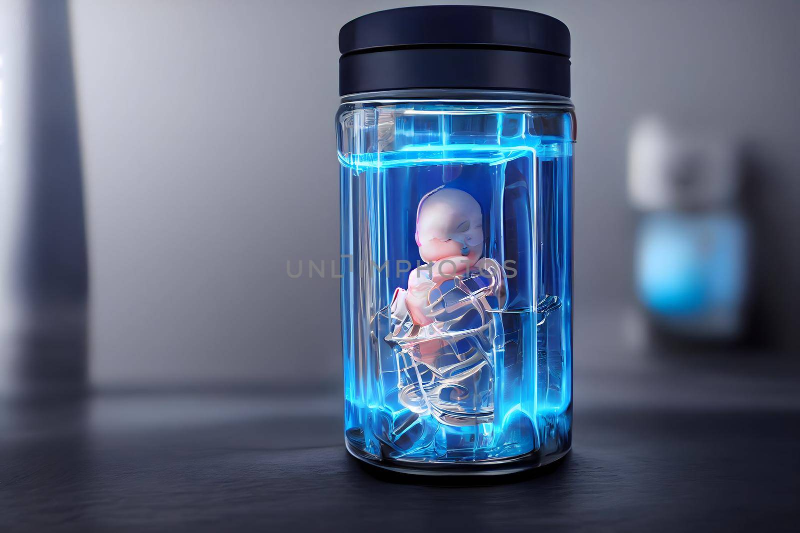 human baby embyo inside blue incubator breeding tank, ectogenesis concept, neural network generated art. Digitally generated image. Not based on any actual scene or pattern.
