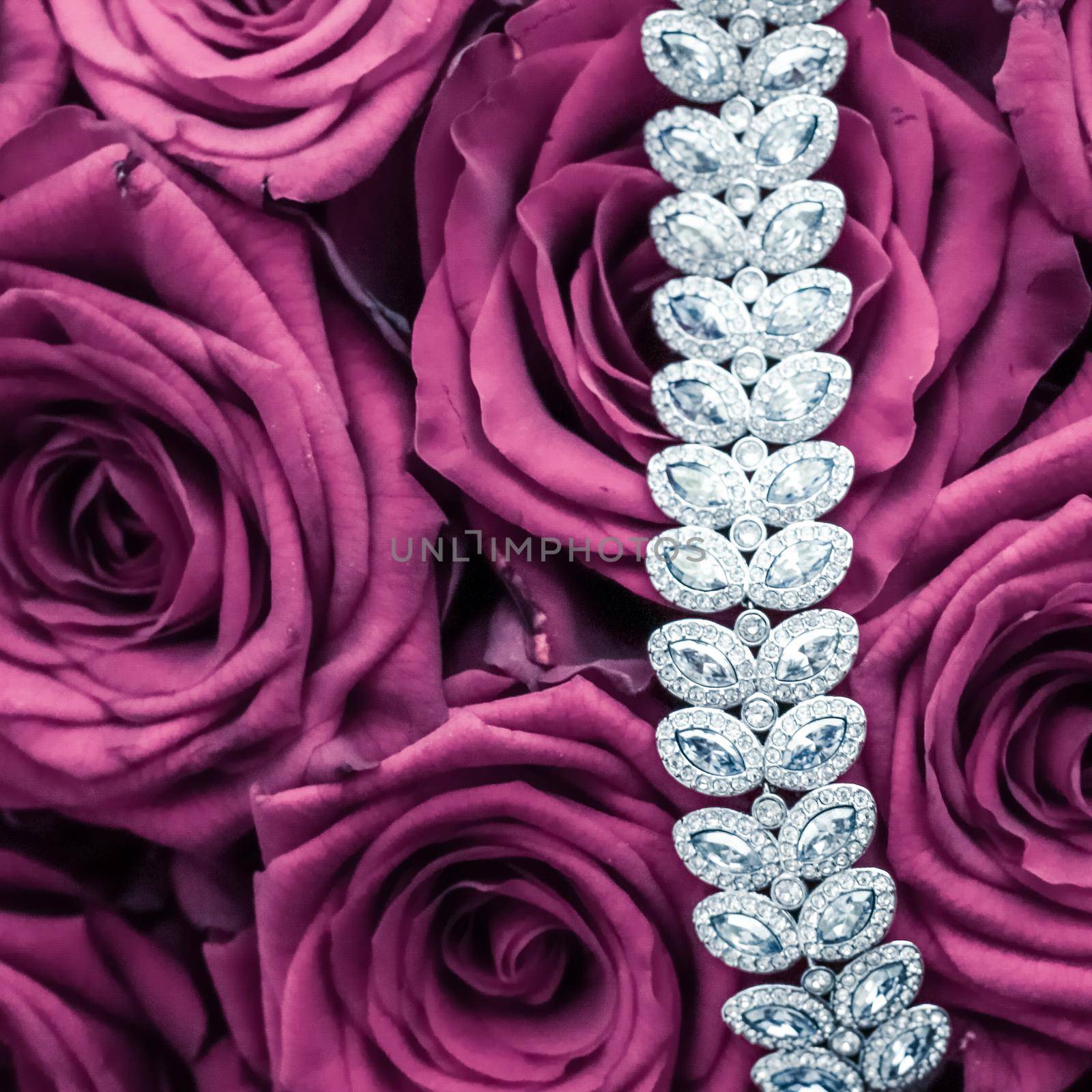 Luxe branding, glamour fashion and boutique shopping concept - Luxury diamond jewelry bracelet and pink roses flowers, love gift on Valentines Day and jewellery brand holiday background design