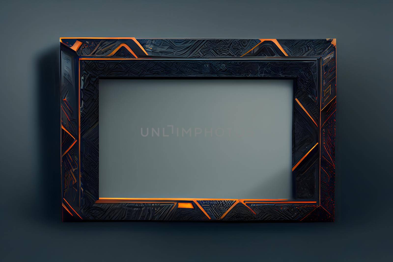 cyberpunk style picture frame mockup, neural network generated art. Digitally generated image. Not based on any actual scene or pattern.