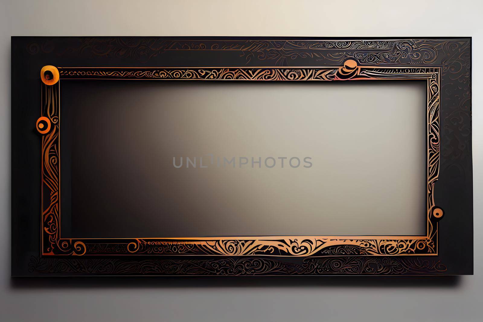 ornate black and gold rectangular picture frame mockup, neural network generated art. Digitally generated image. Not based on any actual scene or pattern.