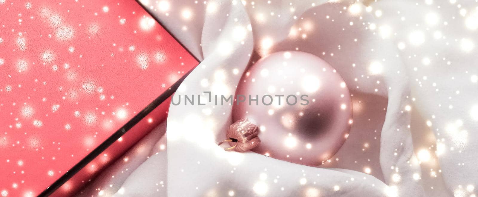 Christmas magic holiday background, festive baubles, coral vintage gift box and golden glitter as winter season present for luxury brand design by Anneleven