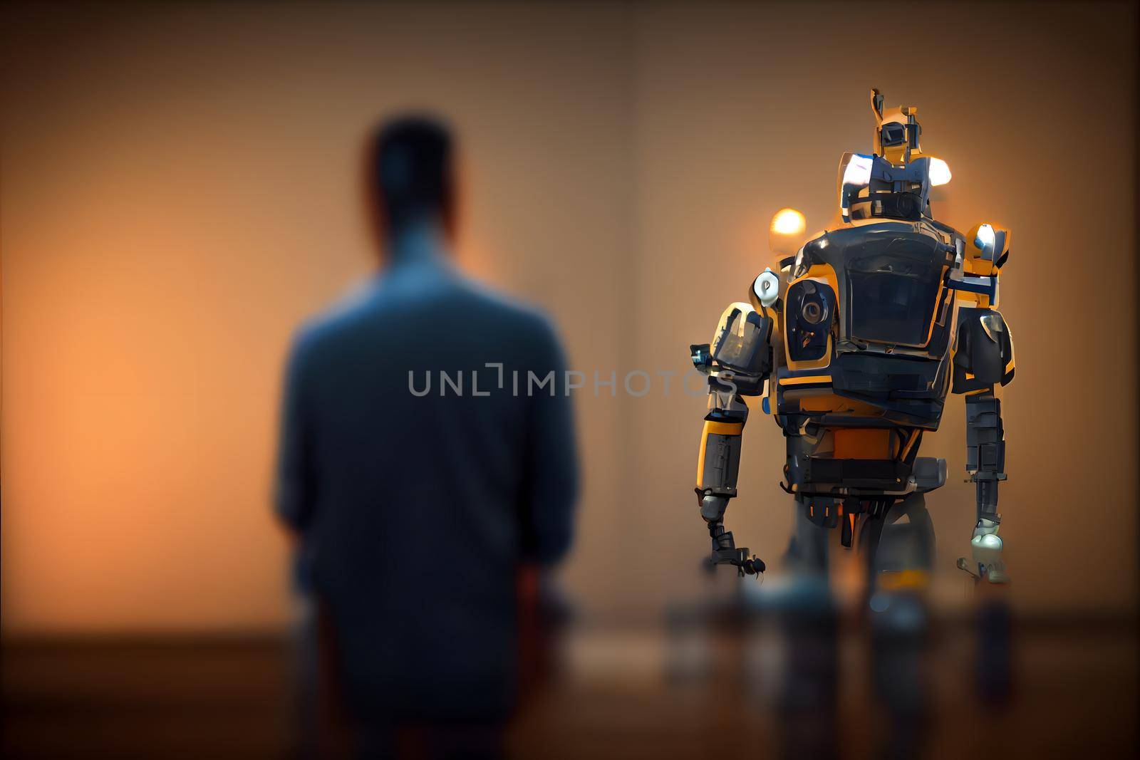 human looking at robot, natural and artificial intelligence relationships concept, neural network generated art. Digitally generated image. Not based on any actual scene or pattern.