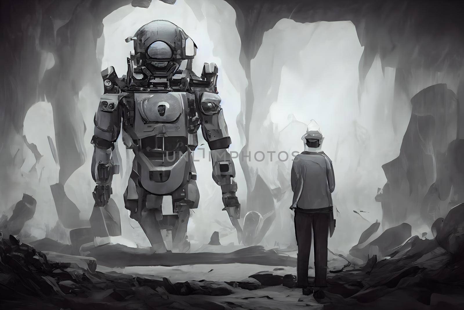 human looking at robot, natural and artificial intelligence relationships concept, neural network generated art. Digitally generated image. Not based on any actual scene or pattern.