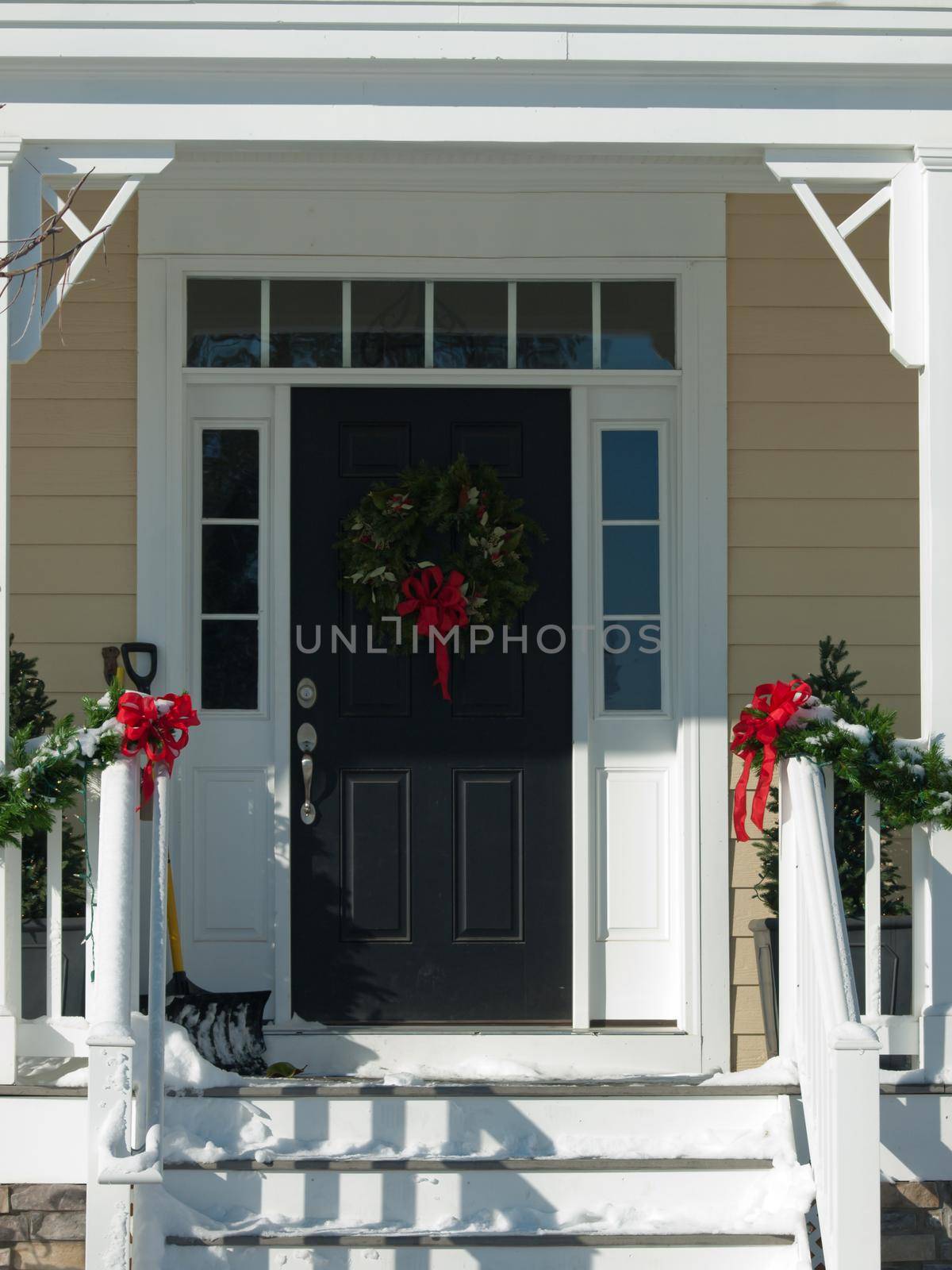 House decorated for winter holidays.