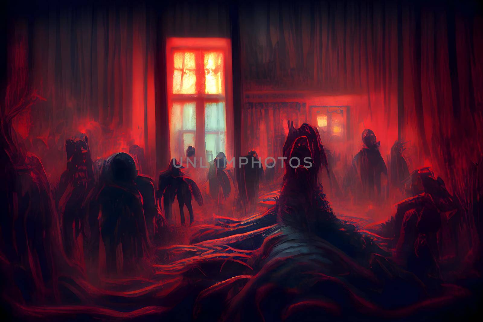 creepy fantastic alien creatures in nightmare room with red fumes, neural network generated art. Digitally generated image. Not based on any actual scene or pattern.