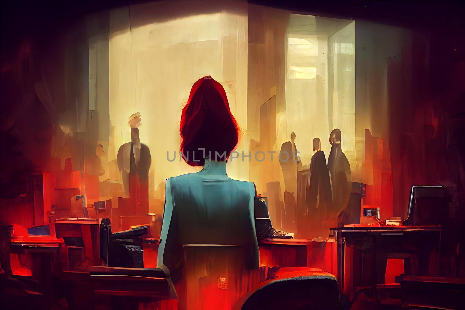 female boss silhouette, figure of woman in business suit at office, neural network generated art. Digitally generated image. Not based on any actual preson.