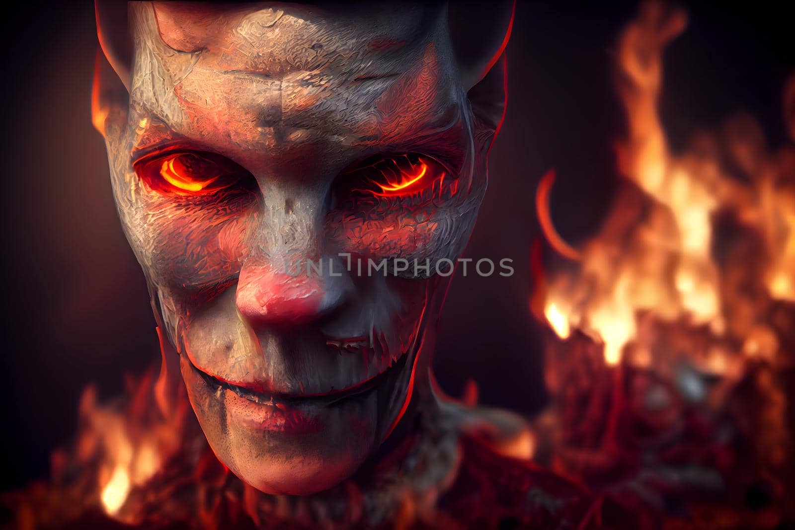 hellish demon portrait with flames in background, neural network generated art. Digitally generated image. Not based on any actual scene or pattern.