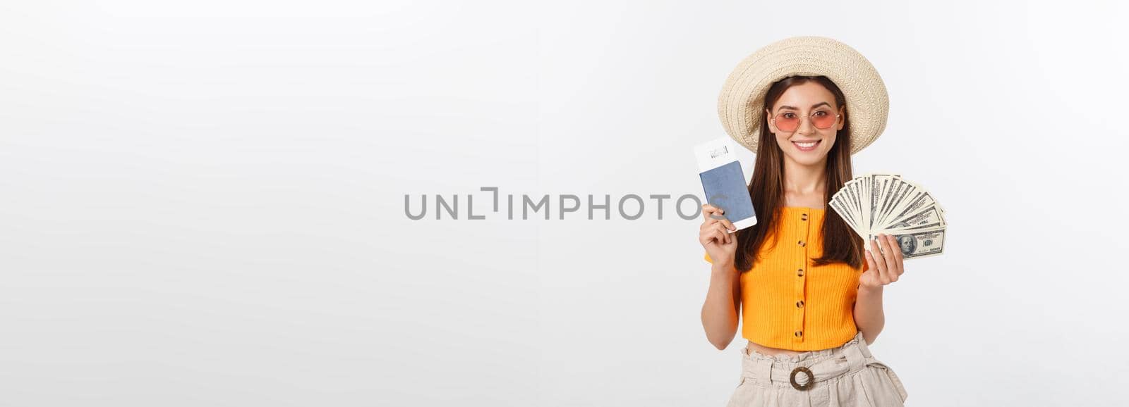 Travel concept - Close up Portrait young beautiful attractive girl wtih trendy hat and smiling. White Background. Copy space