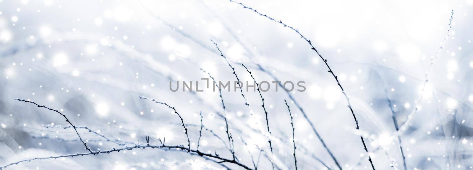 Snowing landscape, greeting card design and New Years Eve travel concept - Winter holiday background, nature scenery with shiny snow and cold weather in Christmas time