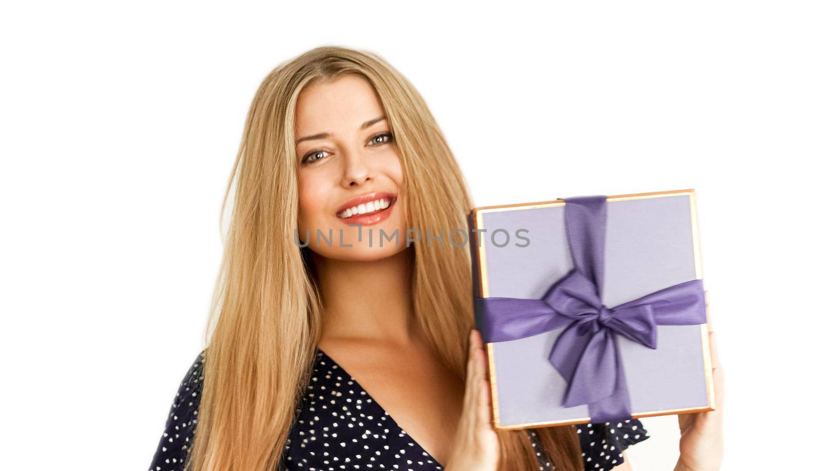 Holiday present, happy woman holding a gift or luxury beauty box subscription delivery isolated on white background, portrait