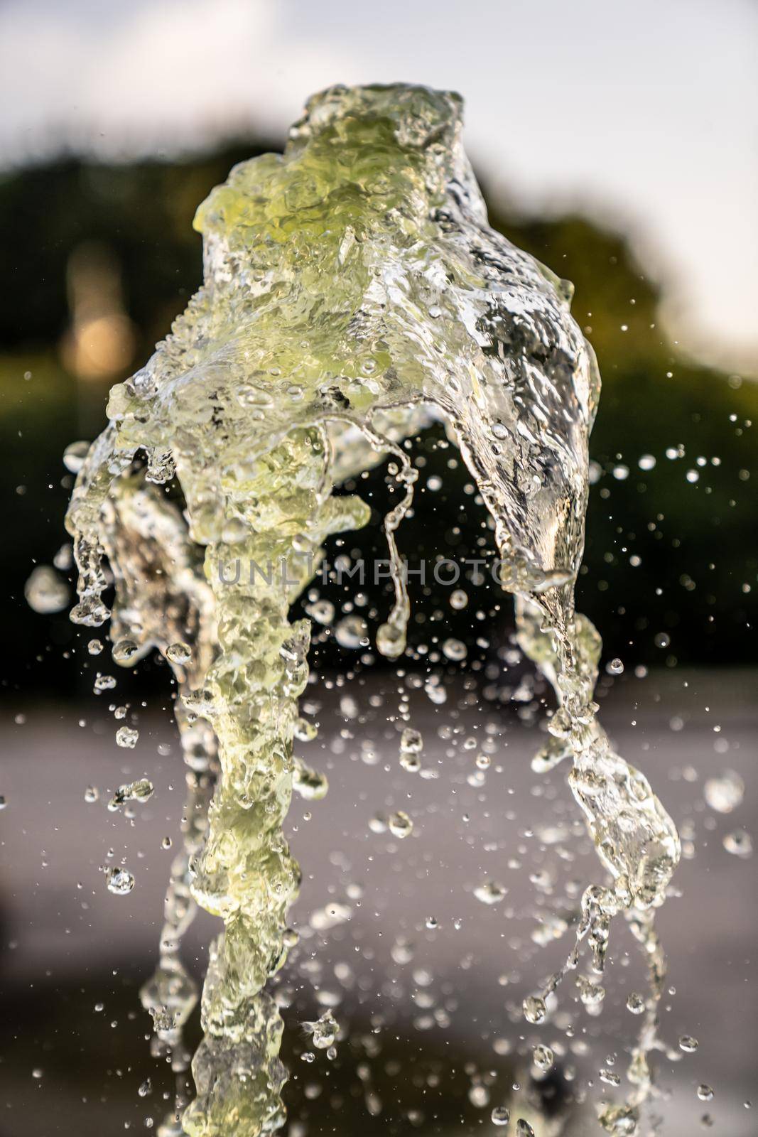 A jet of fountain water in the air. taken on a short shutter speed