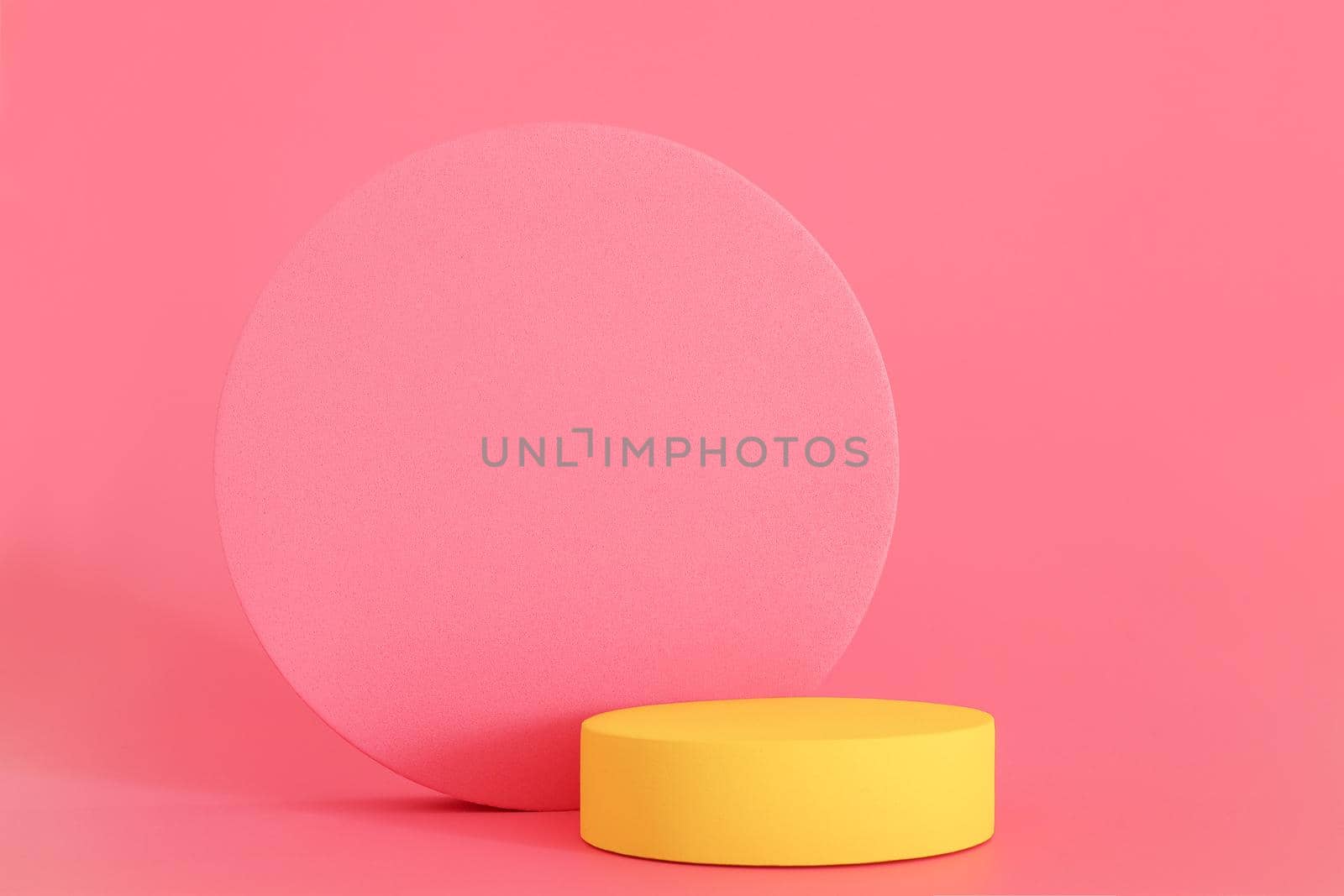 Yellow podium on the pink background. Podium for product, cosmetic presentation. Free space, copy space for text or logo. Pedestal or platform for beauty products. by creativebird