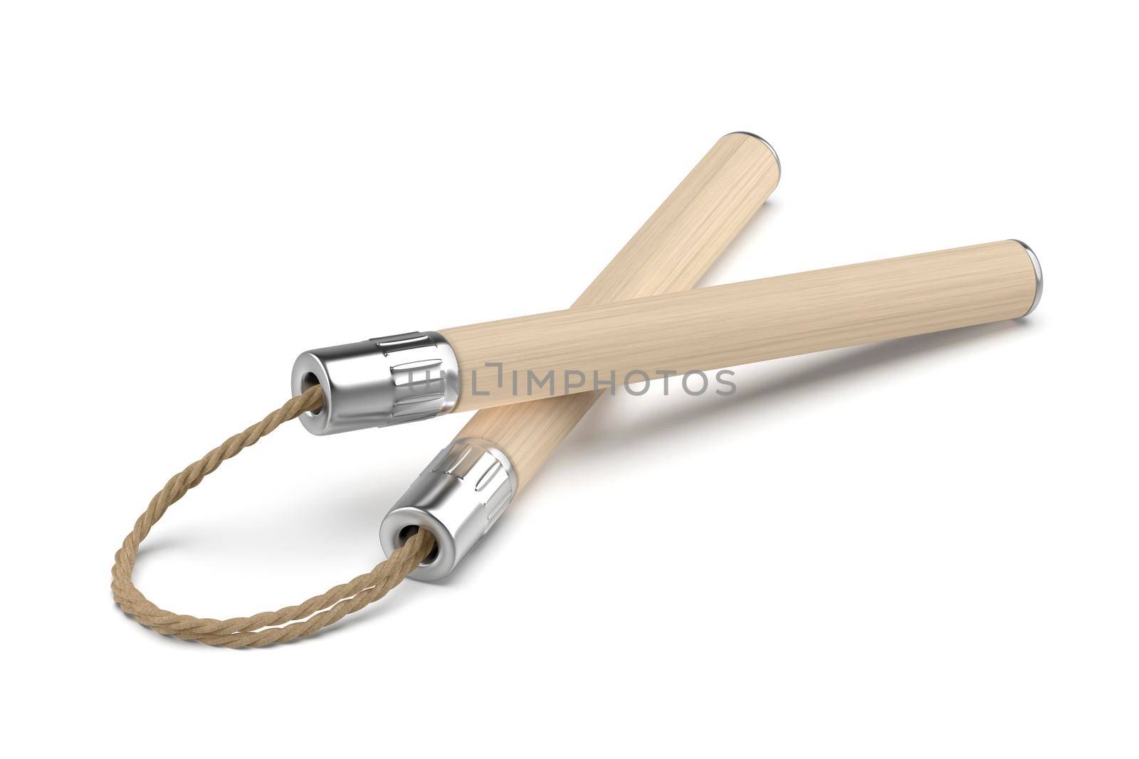 Wooden nunchaku with cord on white background