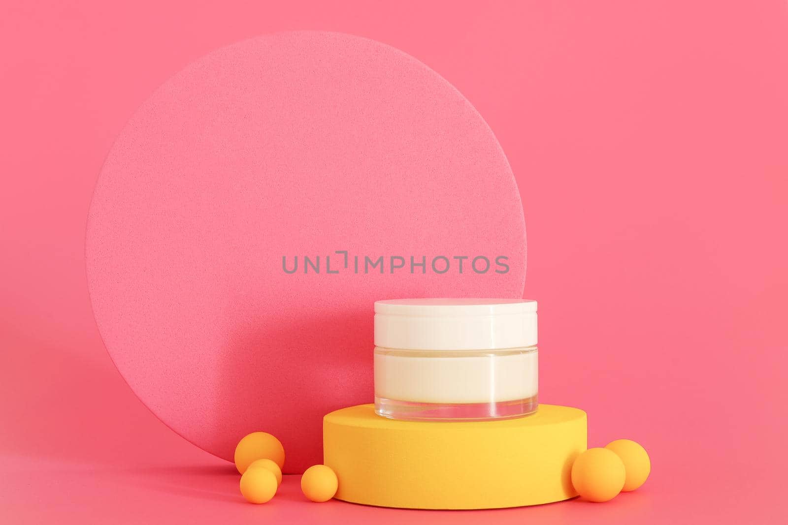 Cosmetic cream packaging standing on yellow podium. Free space for text or logo, copy space. Cream presentation on the pink background. Mockup