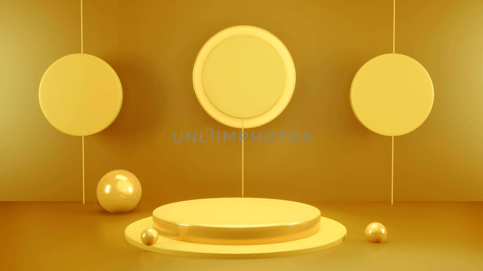 Abstract 3D podium with lighting gold color on a yellow background. Podium stage for an award ceremony or performance by an artist. Stock 3D redering illustration