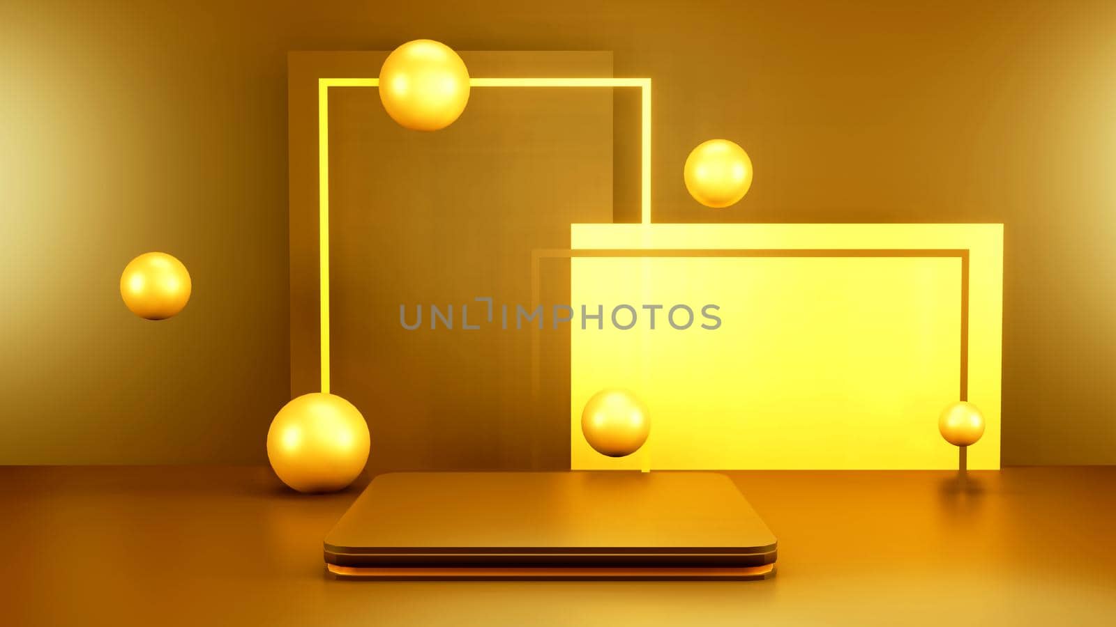 Abstract 3D podium with lighting gold color on a yellow background. Podium stage for an award ceremony or performance by an artist. Stock 3D redering illustration