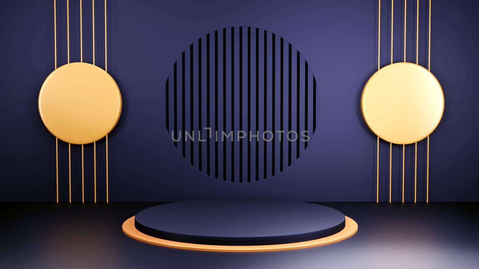 Abstract geometry shape podium, blue and gold pastel product stand presentation with minimal style. 3d rendering illustration