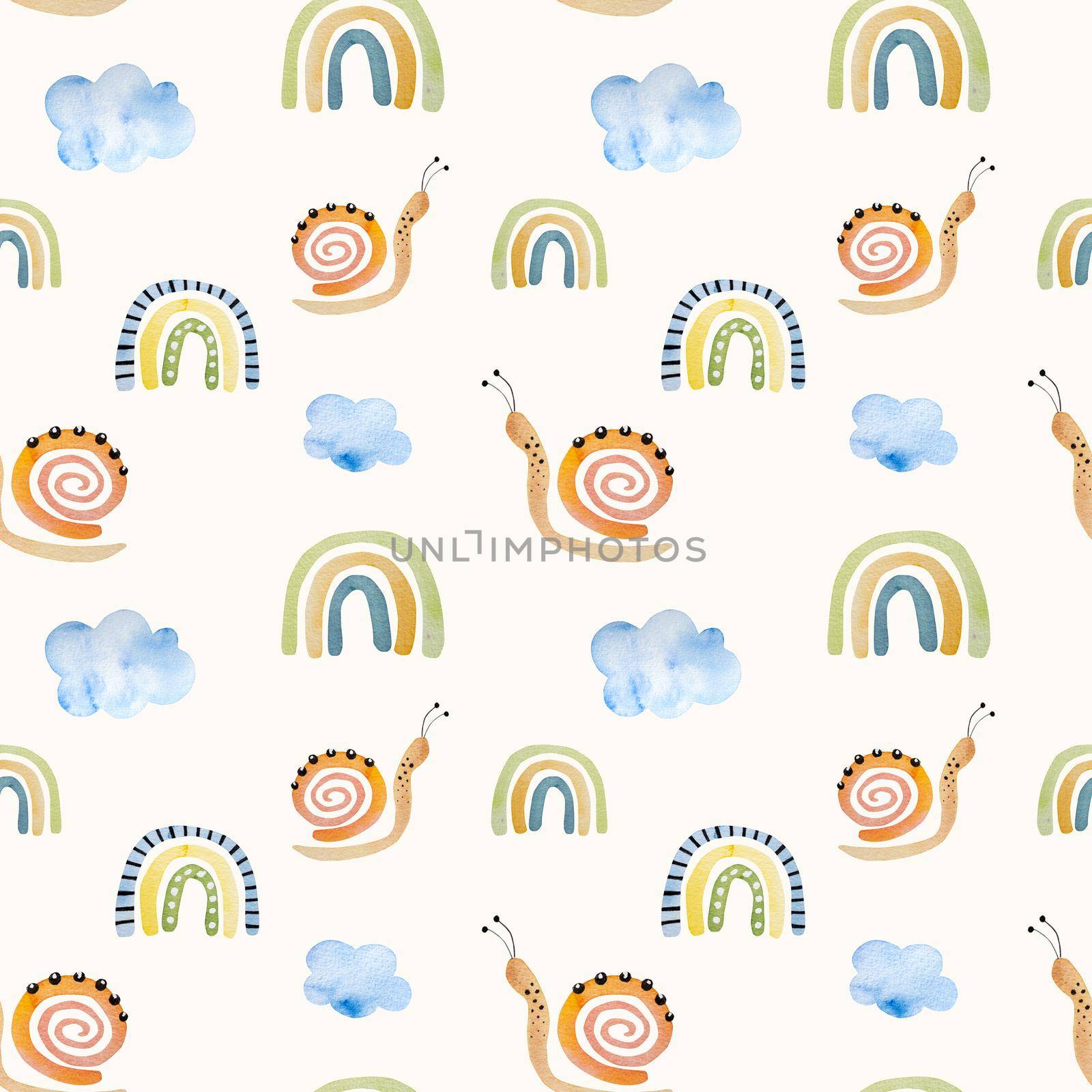 Rainbow, snail and cloud spring watercolor drawings seamless pattern. Nature aquarelle paintings set with mollusk