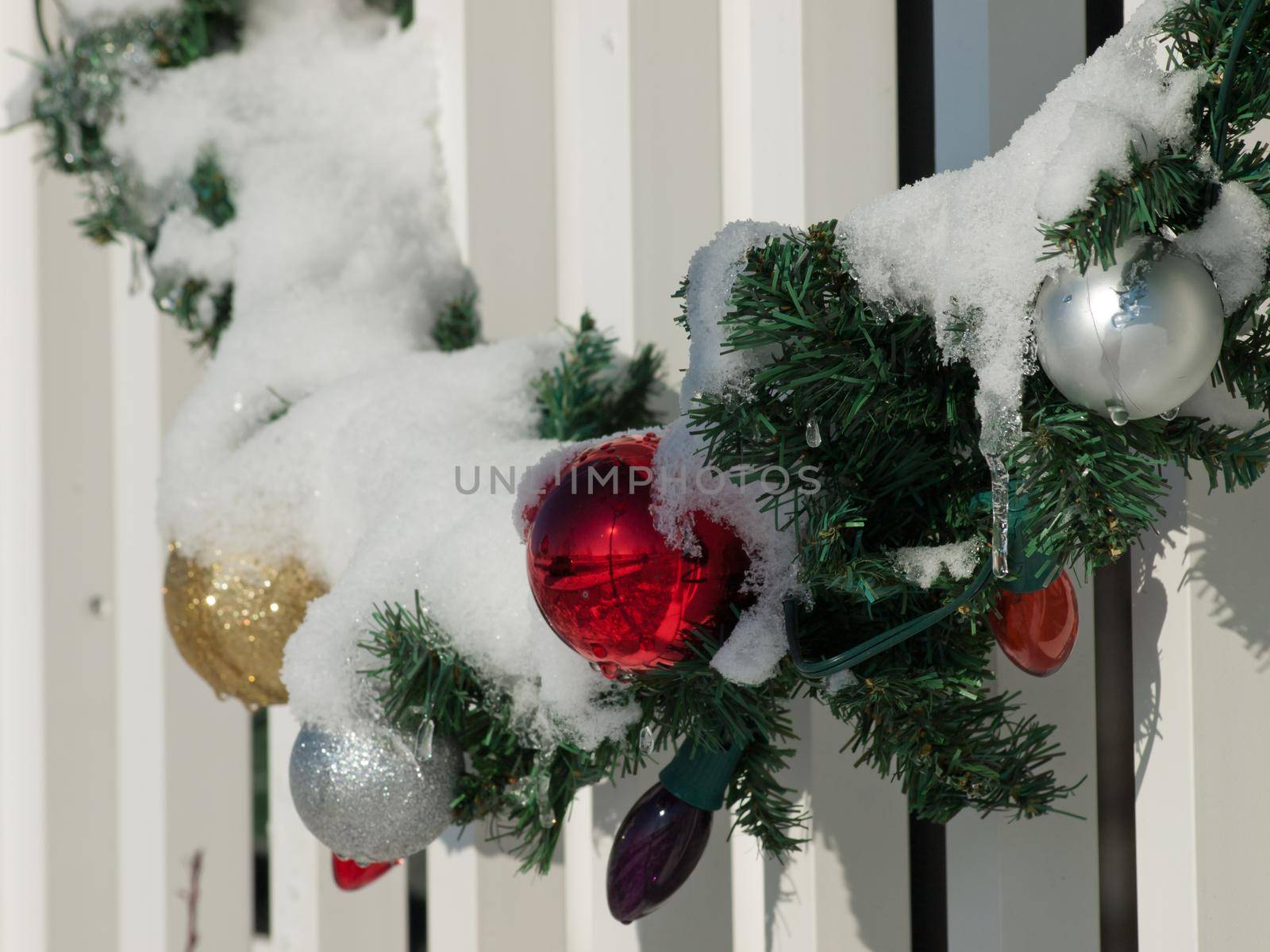 House decorated for winter holidays.