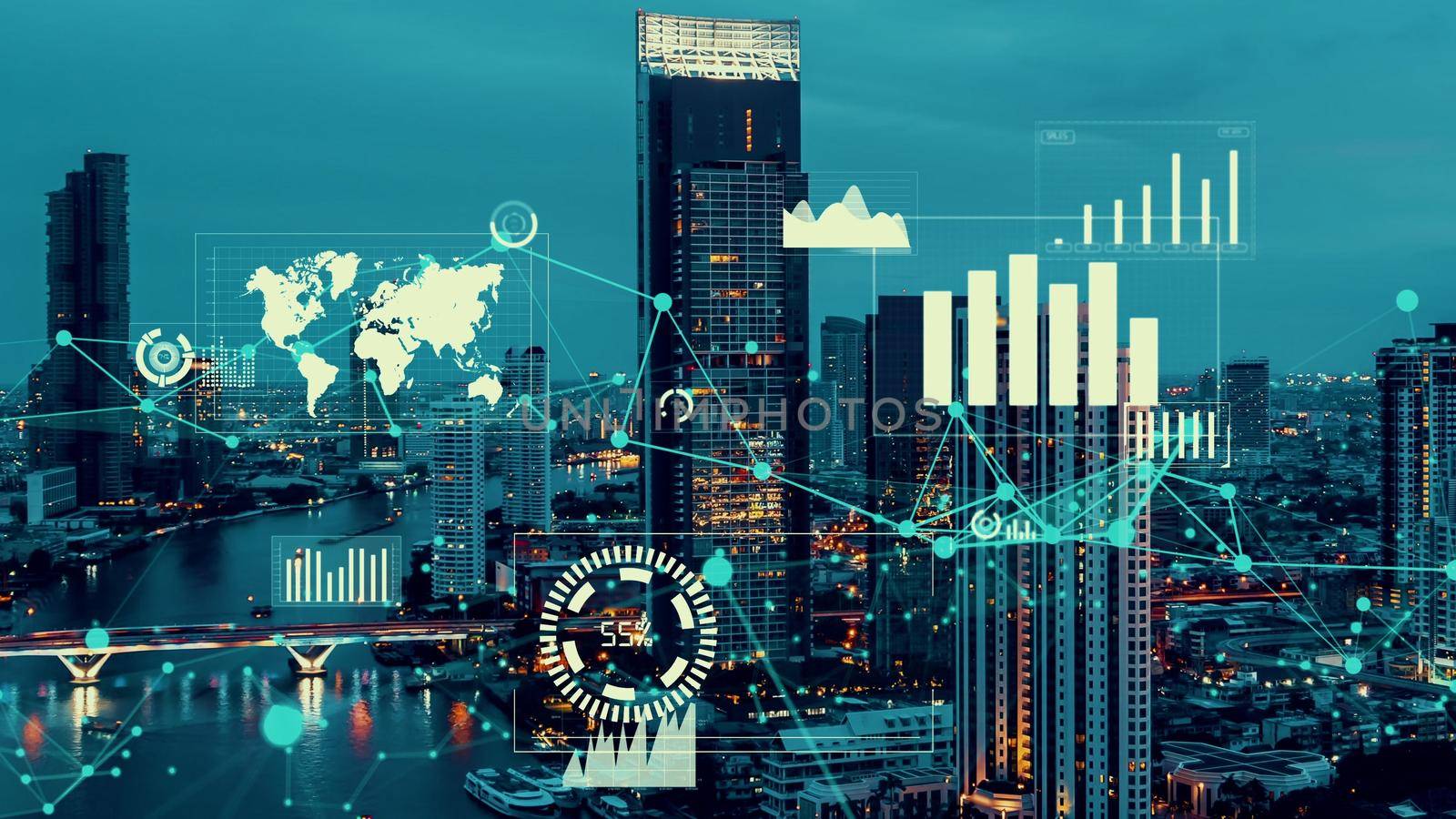 Business data analytic interface fly over smart city showing alteration future of business intelligence. Computer software and artificial intelligence are used to analyze big data for strategic plan .