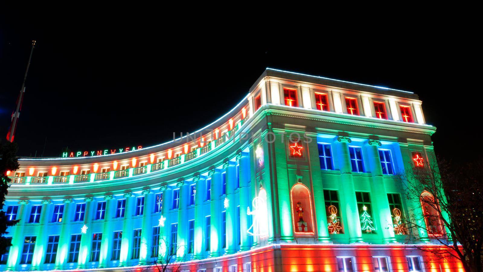 Downtown Denver at Christmas. Denver's City and County building decorated with holiday lights.