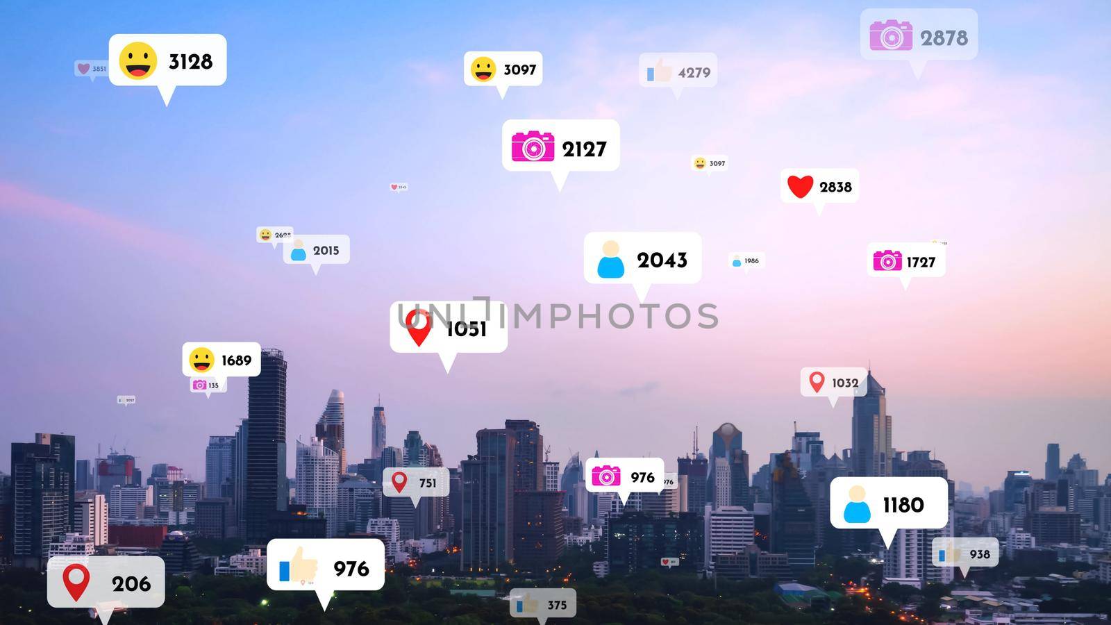 Social media icons fly over city downtown showing people reciprocity connection through social network application platform . Concept for online community and social media marketing strategy .